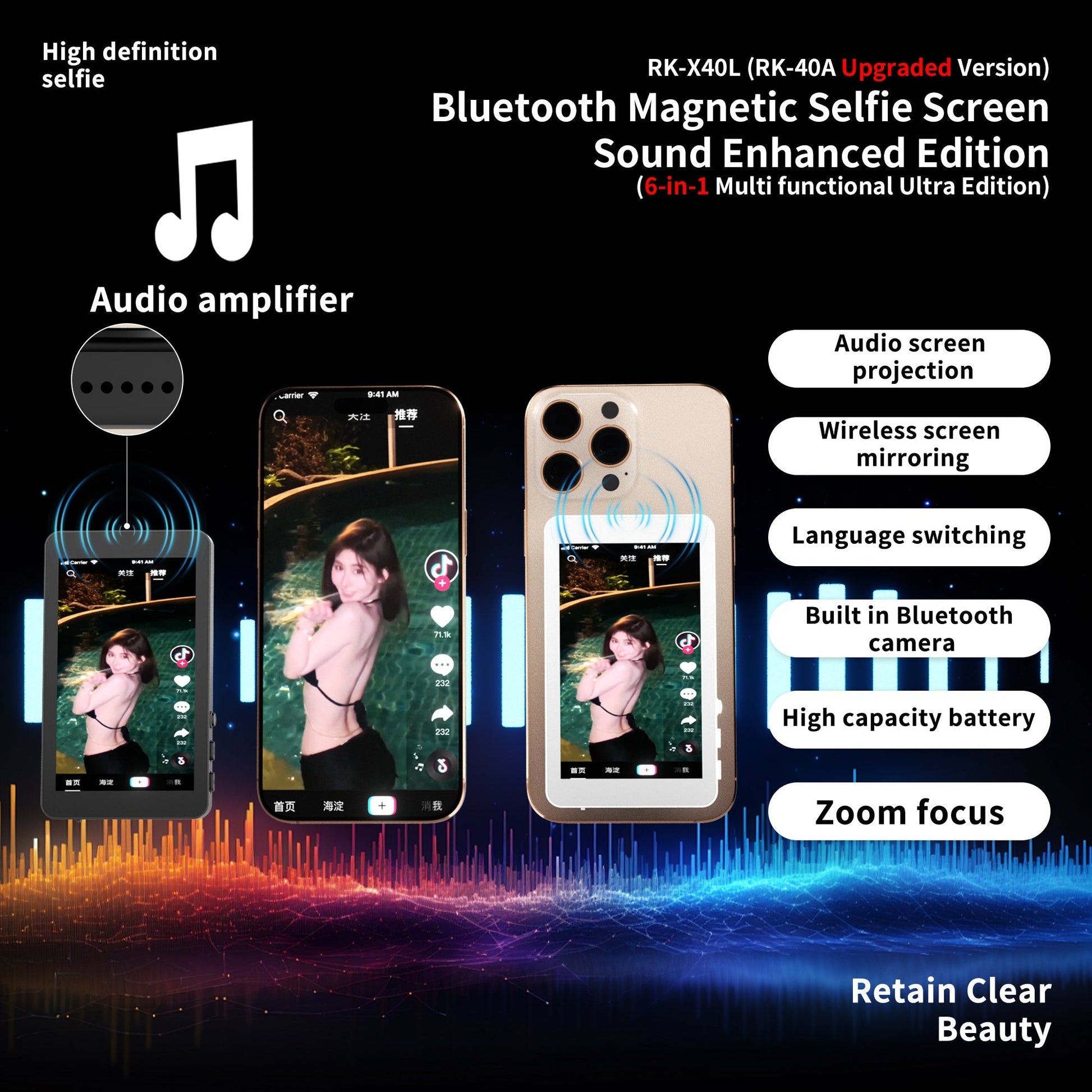 KTX-492307 Upgraded RK-X40L Mobile Selfie Screen Projector with Audio, Focusing Feature, and Built-in Camera Button