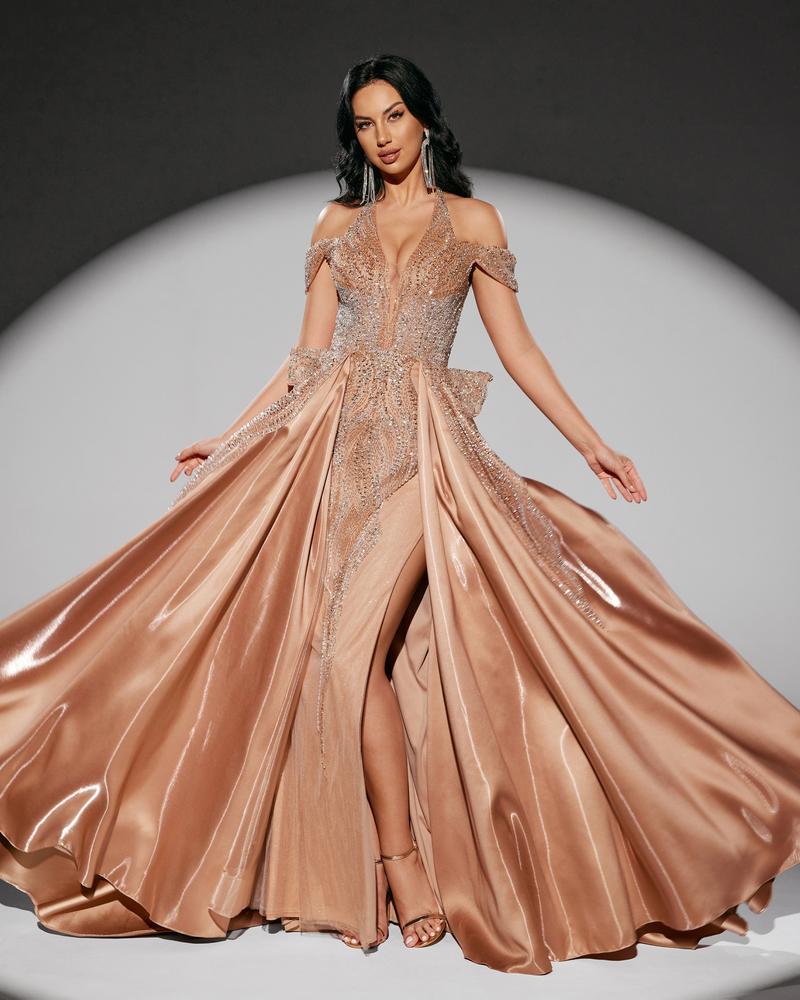 KTX-010707 Elegant Golden Evening Dress for Women - Style EZ25218