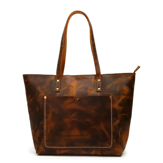 KTX-496979 Vintage Leather Tote Bag – Large Capacity Crazy Horse Leather Handbag for Women