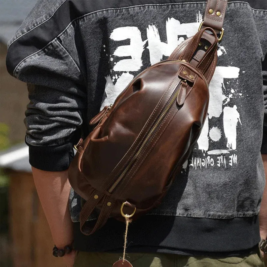 KTX-484435 Handmade Genuine Leather Men's Crossbody Chest Bag in Brown/Black/Coffee