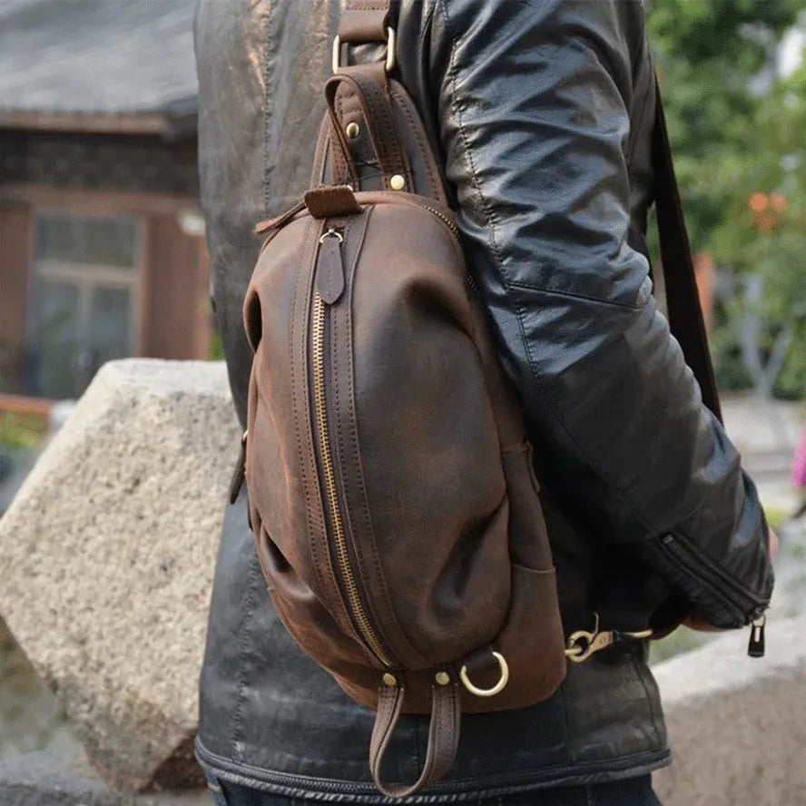 KTX-484435 Handmade Genuine Leather Men's Crossbody Chest Bag in Brown/Black/Coffee