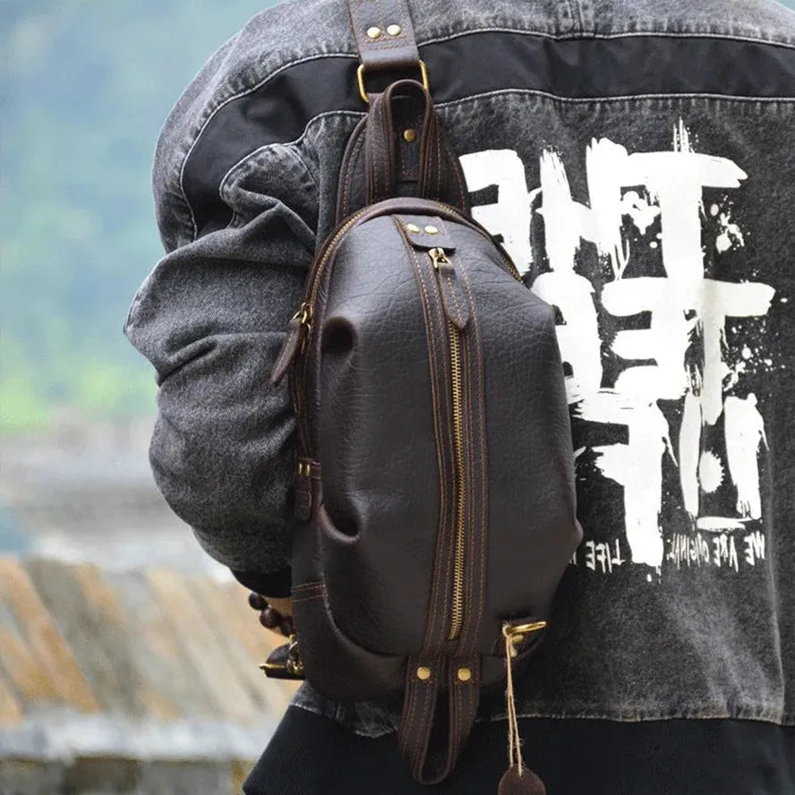 KTX-484435 Handmade Genuine Leather Men's Crossbody Chest Bag in Brown/Black/Coffee