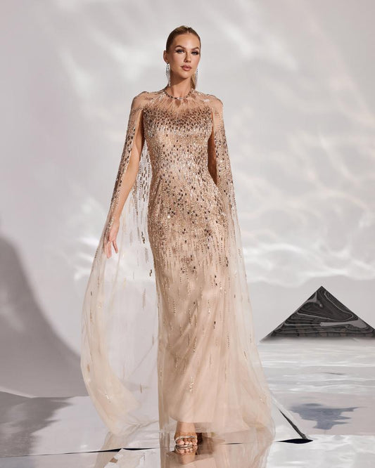 KTX-560851 Elegant Golden Evening Gown for Women - Timeless Style and Comfort