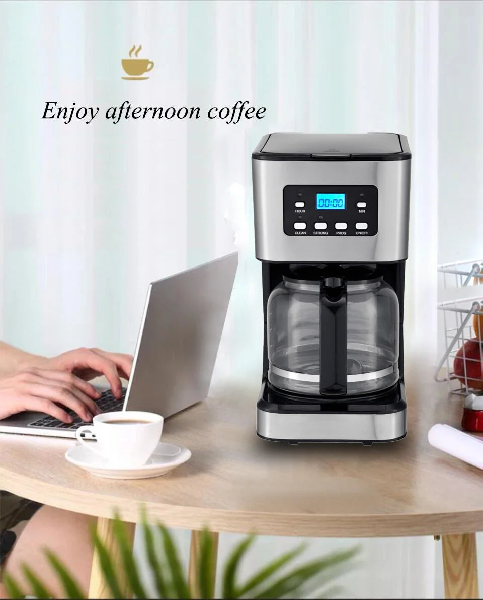 KTX-016339 10-12 Cup Glass Electric Coffee Maker with LCD Screen and Stainless Steel Design