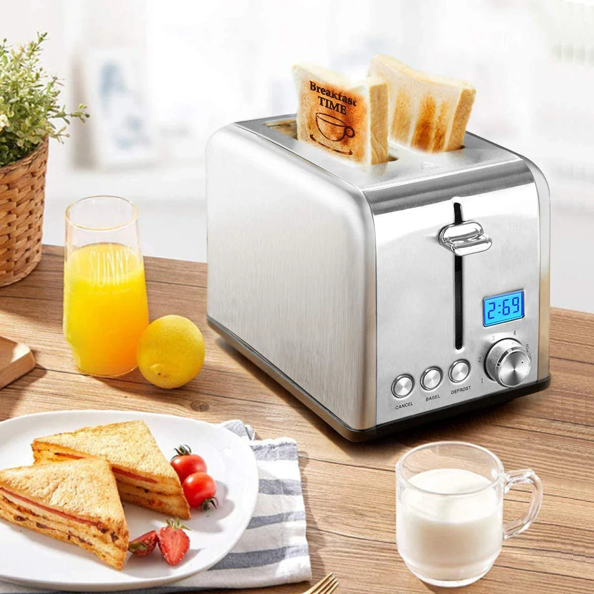KTX-340883 Stainless Steel 2-Slice Toaster with Smart Digital LCD Timer and Woodgrain Knob