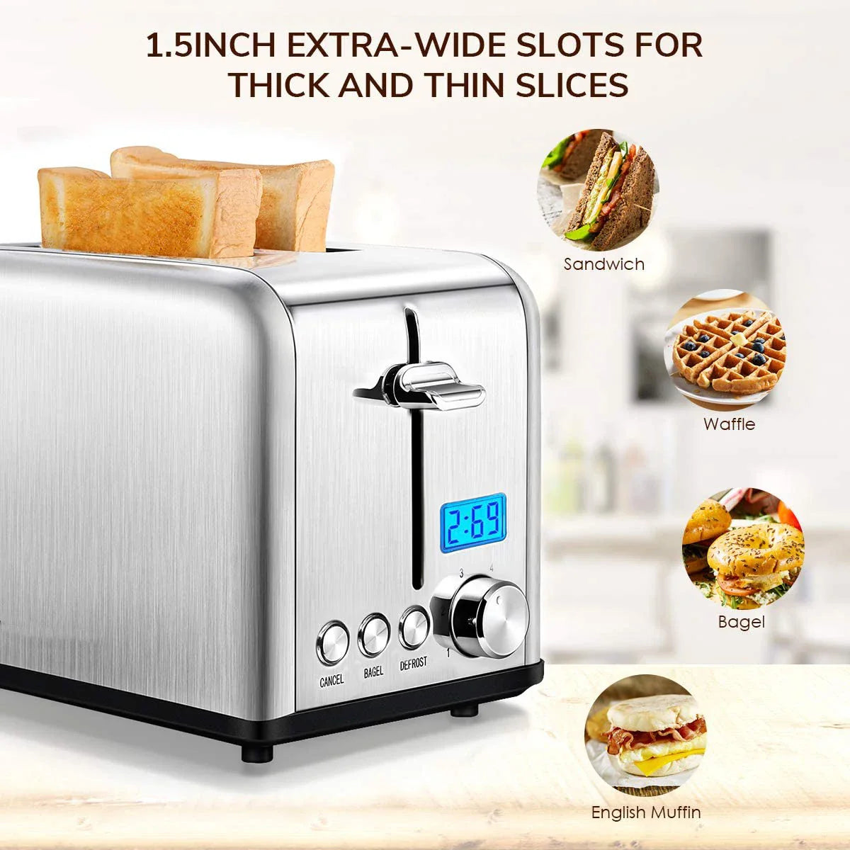 KTX-340883 Stainless Steel 2-Slice Toaster with Smart Digital LCD Timer and Woodgrain Knob