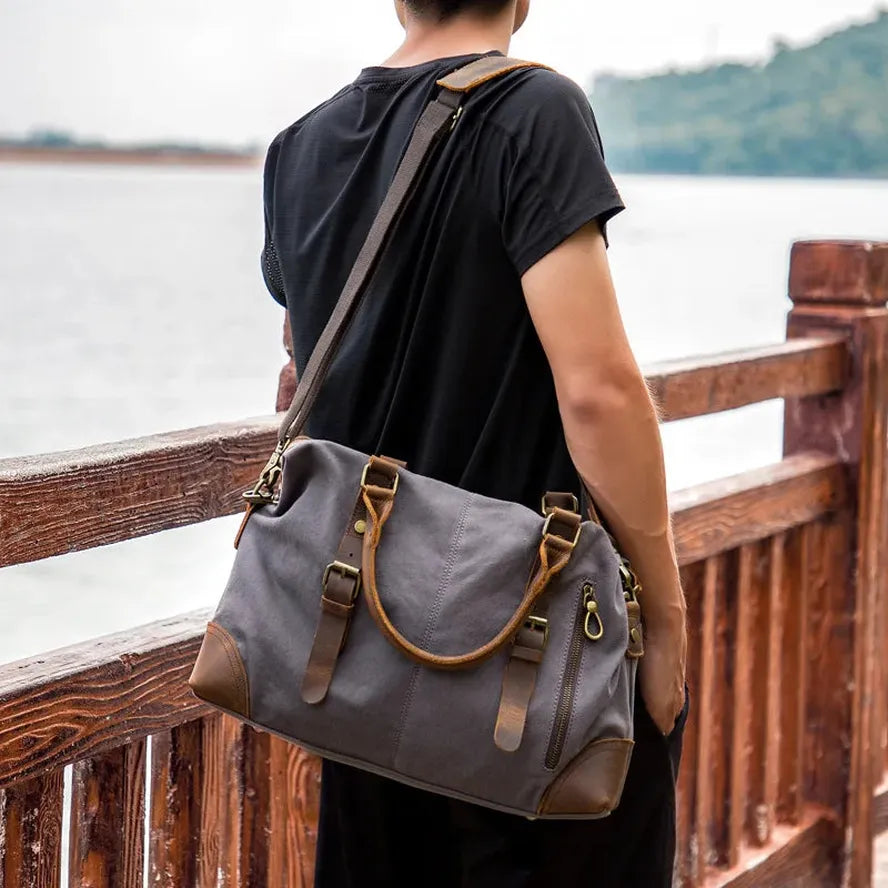 JMT-846858 Men's Casual Canvas Cross-Shoulder Bag with Cowhide Leather for Laptop and Outdoor Travel