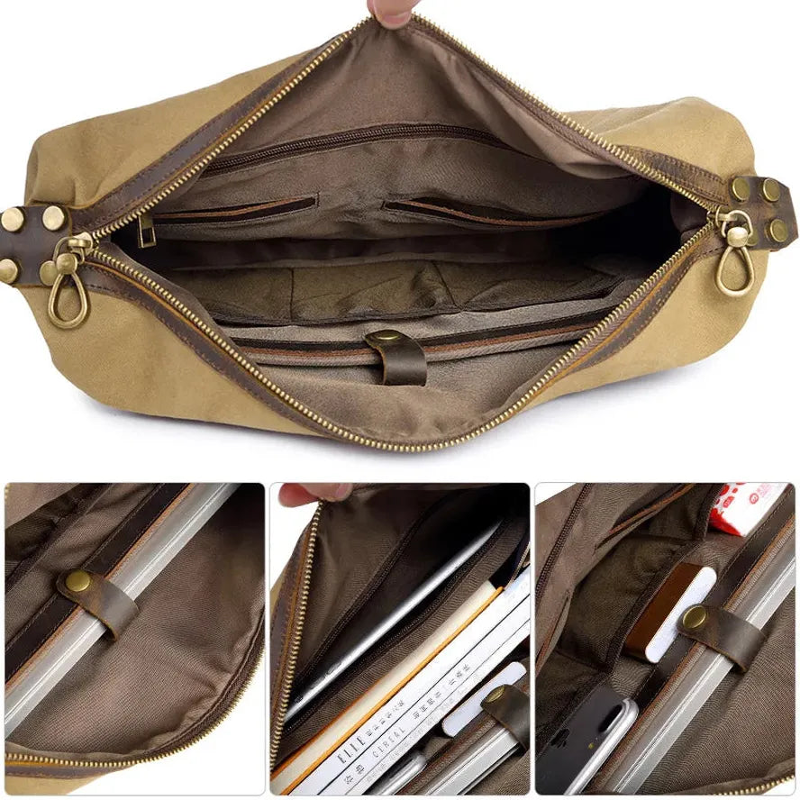 KTX-990803 Men's Casual Canvas Cross-Shoulder Bag with Cowhide Leather for Laptop and Outdoor Travel