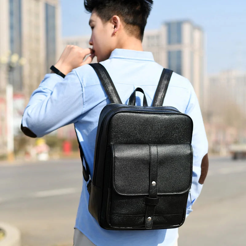 KTX-457619 Men's Pu Leather Casual Business Laptop Backpack with Multiple Compartments