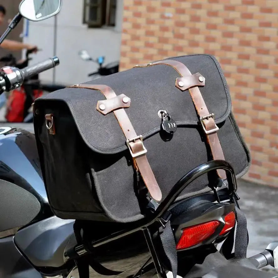 KTX-926227 Vintage Motorcycle Rear Seat Bag in Batik Canvas with Leather Accents - Durable and Waterproof Riding Tail Bag for Full Helmets