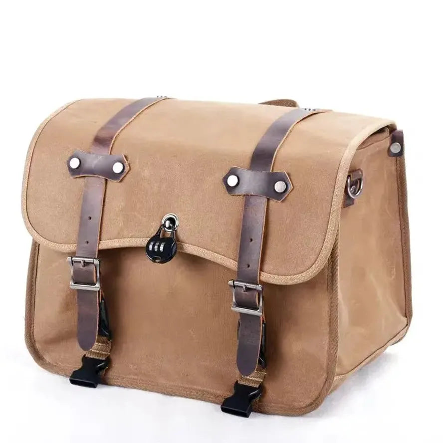 KTX-926227 Vintage Motorcycle Rear Seat Bag in Batik Canvas with Leather Accents - Durable and Waterproof Riding Tail Bag for Full Helmets