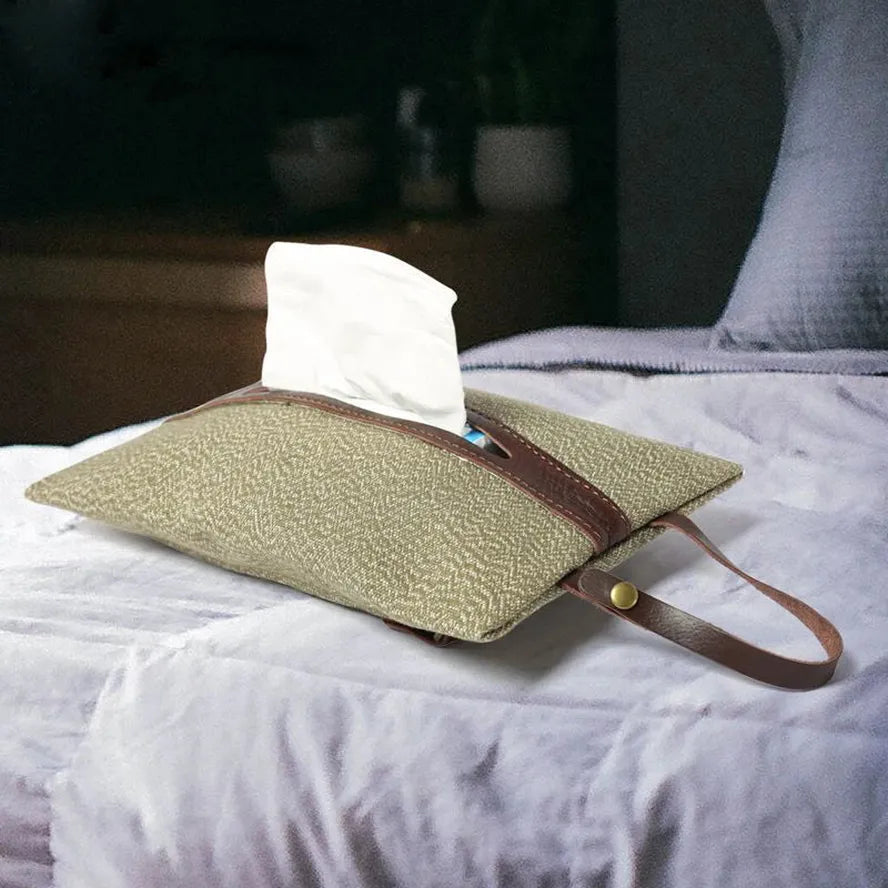 KTX-858579 Retro Canvas Paper Towel Cover with Detachable Bag for Car Seat Storage