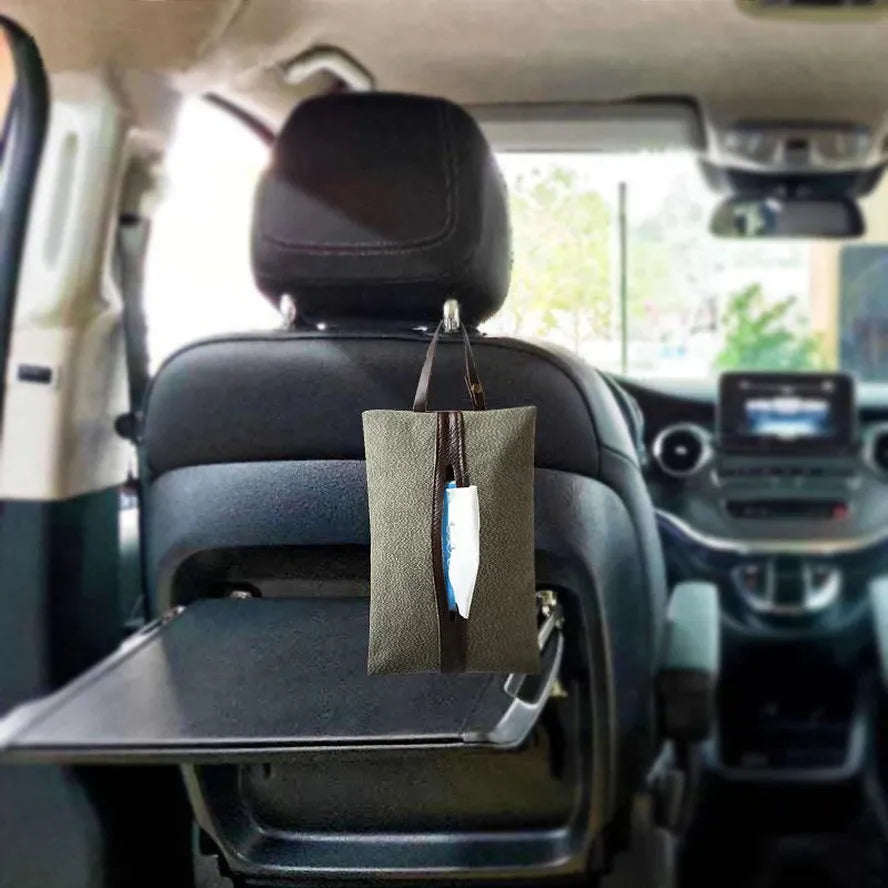 KTX-858579 Retro Canvas Paper Towel Cover with Detachable Bag for Car Seat Storage