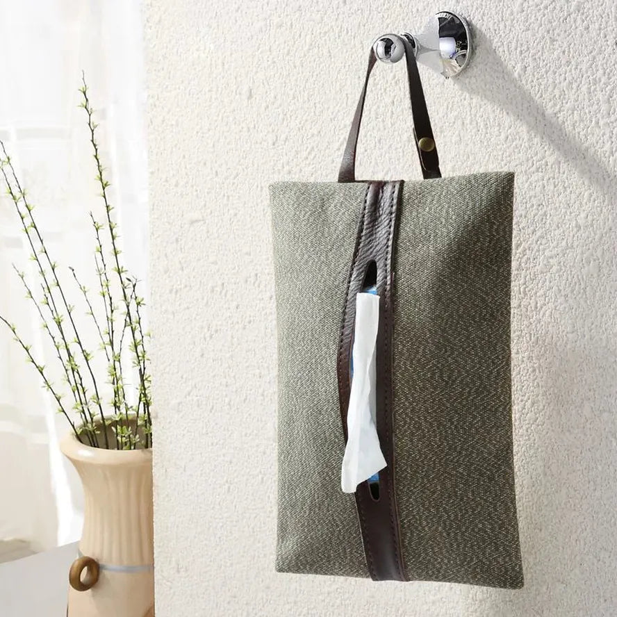 KTX-858579 Retro Canvas Paper Towel Cover with Detachable Bag for Car Seat Storage