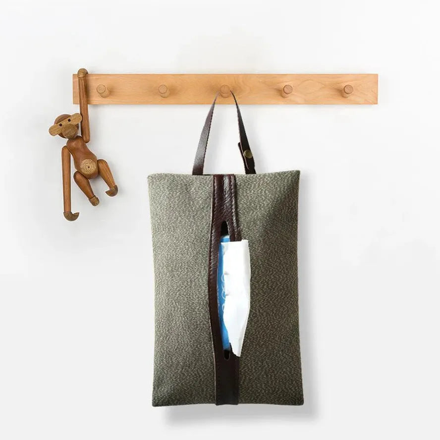 KTX-858579 Retro Canvas Paper Towel Cover with Detachable Bag for Car Seat Storage