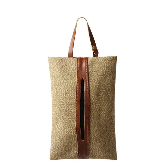 KTX-858579 Retro Canvas Paper Towel Cover with Detachable Bag for Car Seat Storage