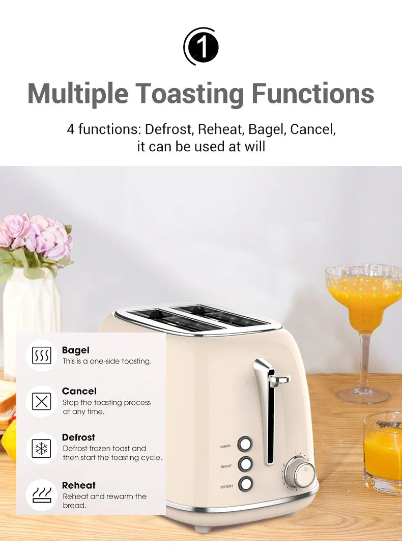 KTX-996243 Stainless Steel Retro 2-Slice Bread Toaster for Perfect Breakfast Toasts