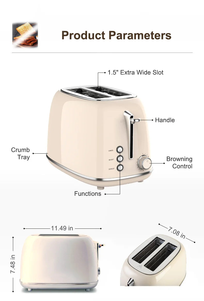 KTX-996243 Stainless Steel Retro 2-Slice Bread Toaster for Perfect Breakfast Toasts
