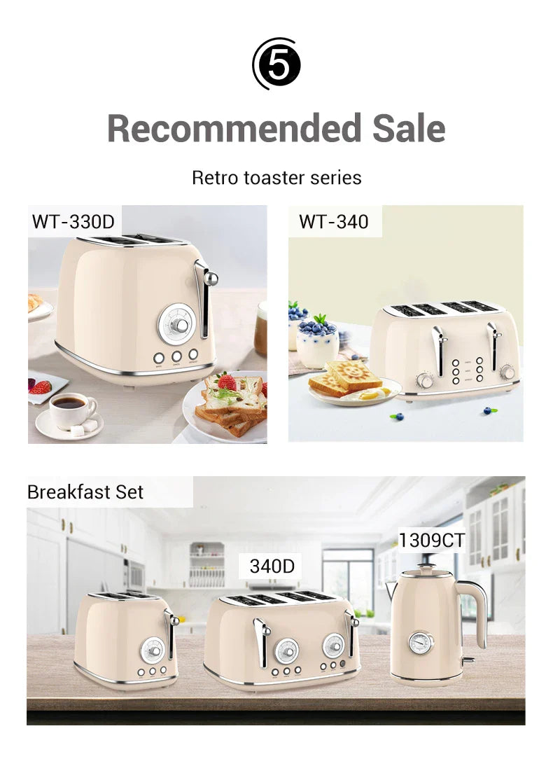 KTX-996243 Stainless Steel Retro 2-Slice Bread Toaster for Perfect Breakfast Toasts