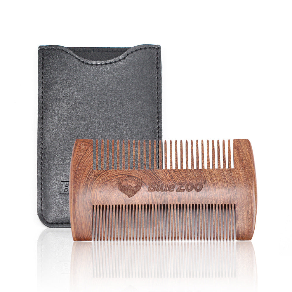 KTX-681747 Sandalwood Double-Sided Beard Comb with Portable PU Cover for Anti-Static Grooming