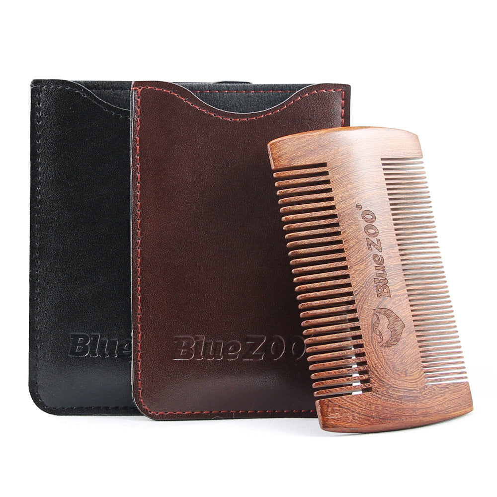 KTX-681747 Sandalwood Double-Sided Beard Comb with Portable PU Cover for Anti-Static Grooming
