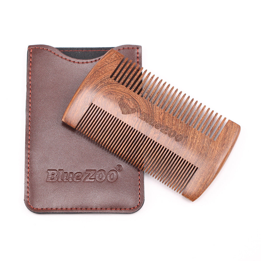 KTX-681747 Sandalwood Double-Sided Beard Comb with Portable PU Cover for Anti-Static Grooming