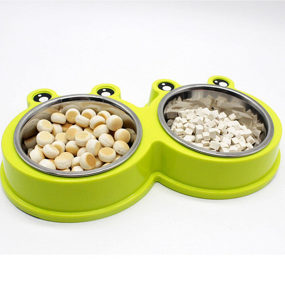 JMT-952842 Double Pet Bowl - Durable ABS & Stainless Steel Food and Water Container in Pink, Green, or Blue, Easy to Clean, 28 x 11.5 x 4 cm