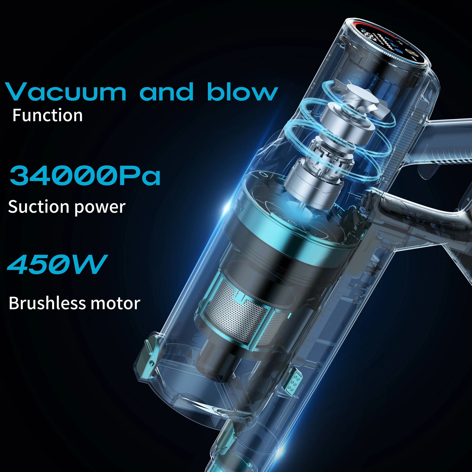 KTX-806227 Cordless 450W Rechargeable Vacuum Cleaner with Touchscreen, Battery-Operated and Detachable Design