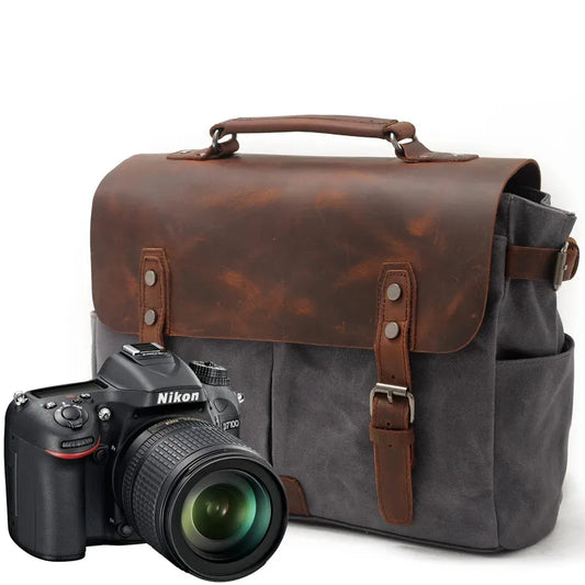 KTX-778195 Waterproof Retro Batik Canvas Camera Crossbody Bag with Leather Accents