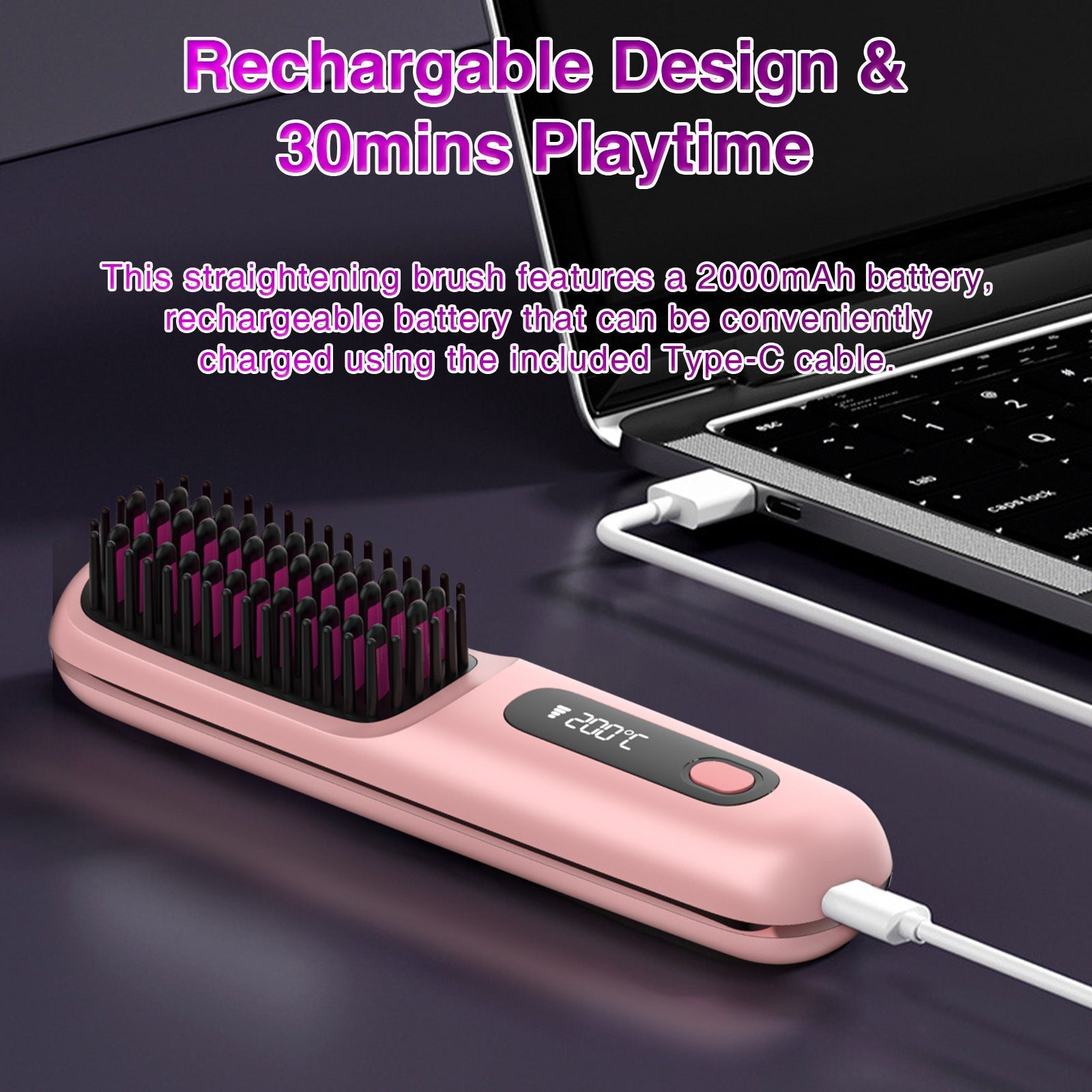 KTX-763091 Portable Cordless Hair Straightening Brush with LED Display, USB Rechargeable, Lightweight Mini Design, Advanced Ionic Technology, Scald Protection