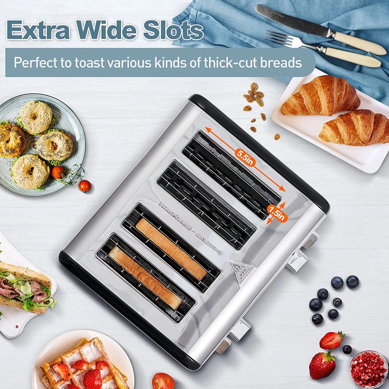 KTX-387155 4-Slice Electric Toaster with LED Display and Stainless Steel Finish for Versatile Sandwich Making