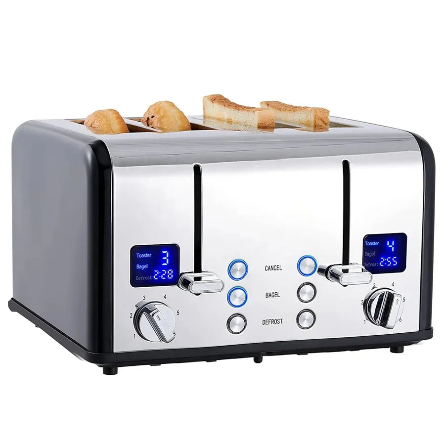 KTX-387155 4-Slice Electric Toaster with LED Display and Stainless Steel Finish for Versatile Sandwich Making