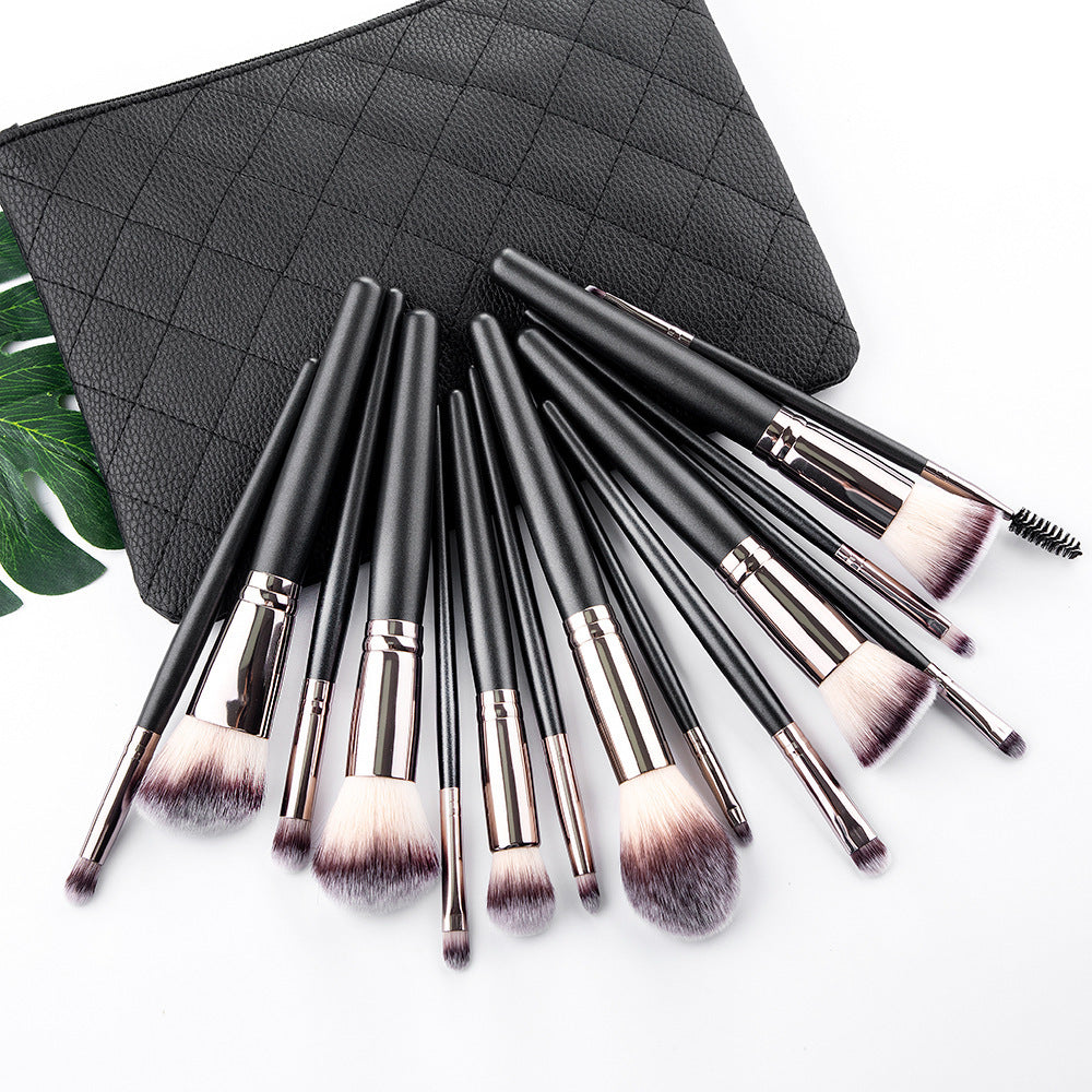 KTX-728659 15-Piece Matte Black Makeup Brush Set with Cosmetic Bag, Nylon Wool and Wooden Handle