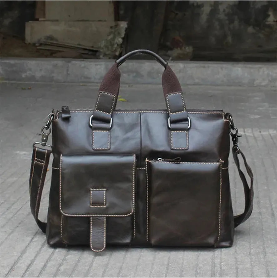 KTX-237139 Retro Style Men's Leather Briefcase – Casual Crossbody Shoulder Bag with Zipper Closure
