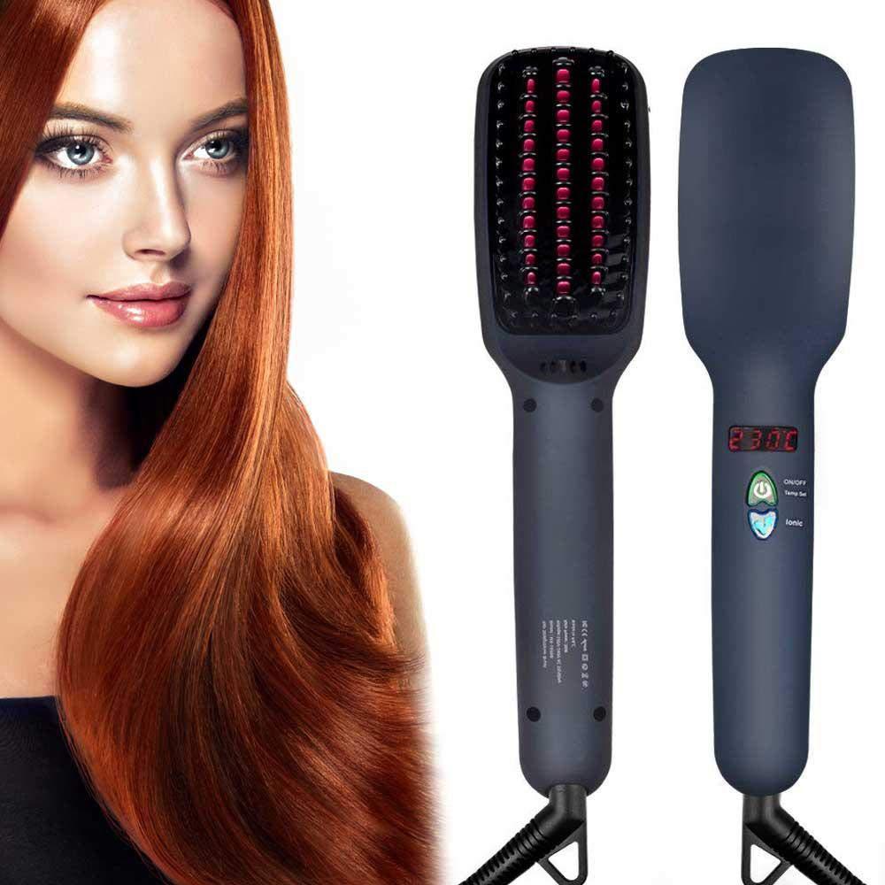 KTX-730323 LCD Liquid Crystal Display Hair Straightening Comb with Temperature Control for Dry Hair, Black and Pink