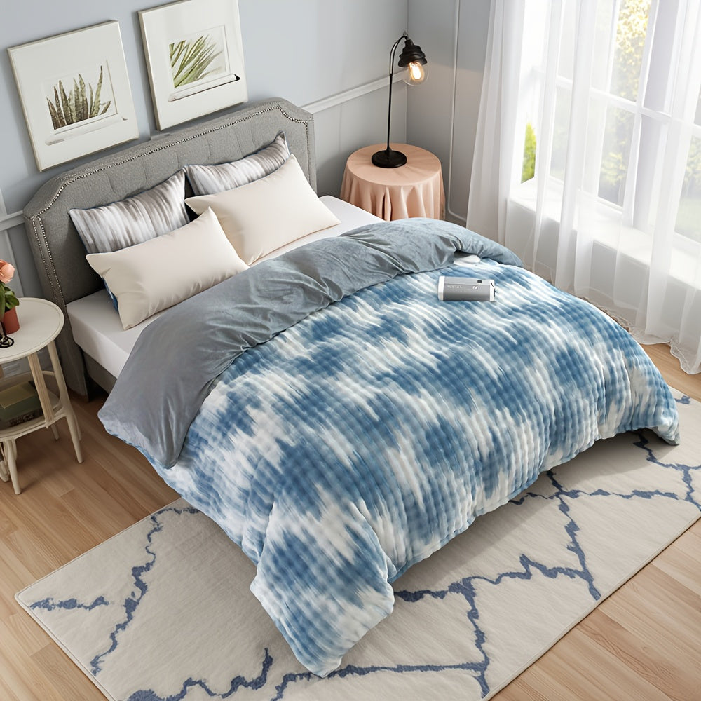 KTX-000787 Reversible Blue Camouflage Plush Comforter Set - Ultra Soft Faux Rabbit Hair, All-Season Bedding, Geometric Design