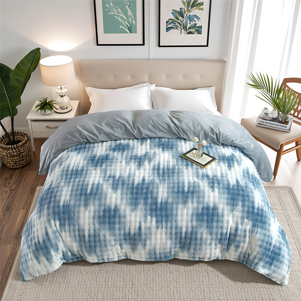 KTX-000787 Reversible Blue Camouflage Plush Comforter Set - Ultra Soft Faux Rabbit Hair, All-Season Bedding, Geometric Design