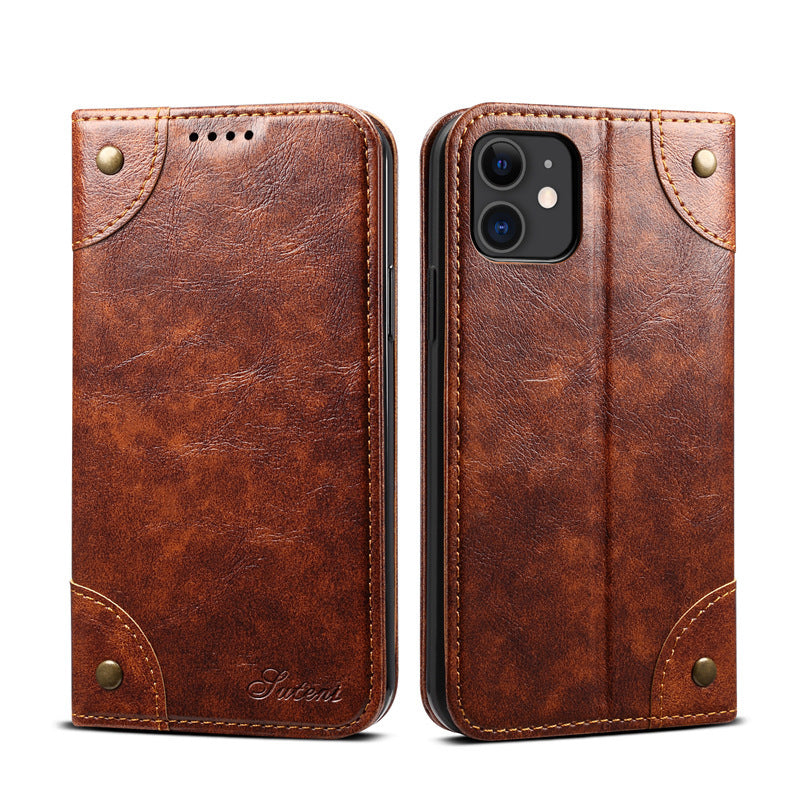 KTX-001043 Mobile Phone Wallet Case in Oil Wax Artificial Leather for iPhone Models