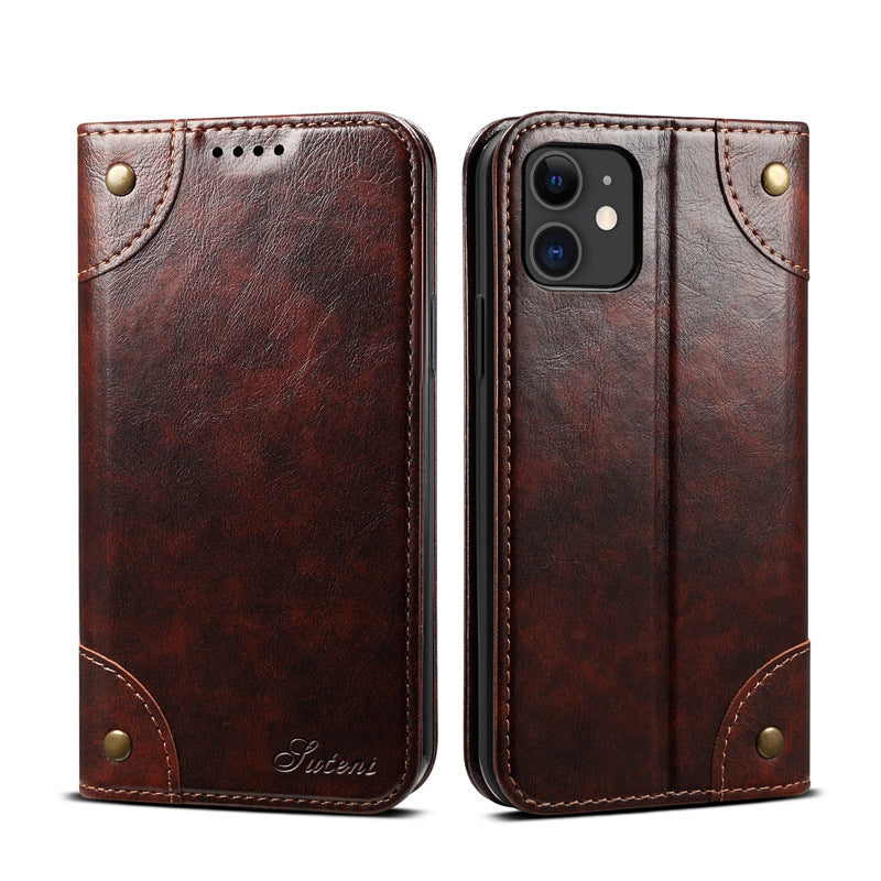 KTX-001043 Mobile Phone Wallet Case in Oil Wax Artificial Leather for iPhone Models