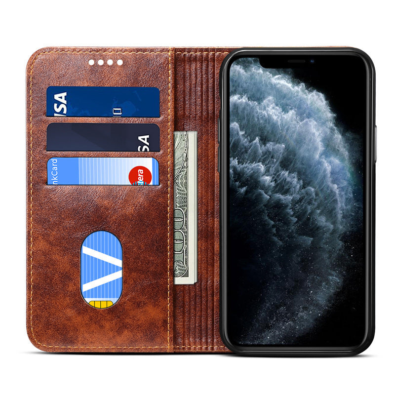 KTX-001043 Mobile Phone Wallet Case in Oil Wax Artificial Leather for iPhone Models