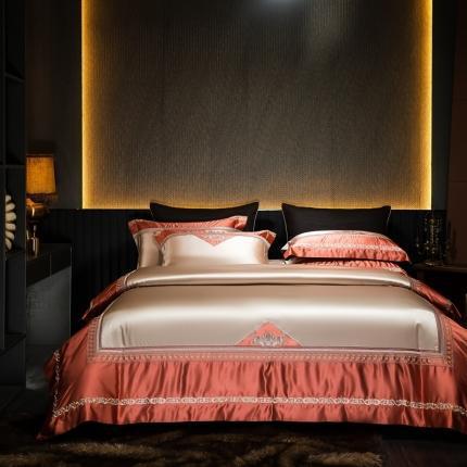 KTX-001107 Silk Cotton Embroidery Four-Piece Bed Set in Solid and Geometric Patterns