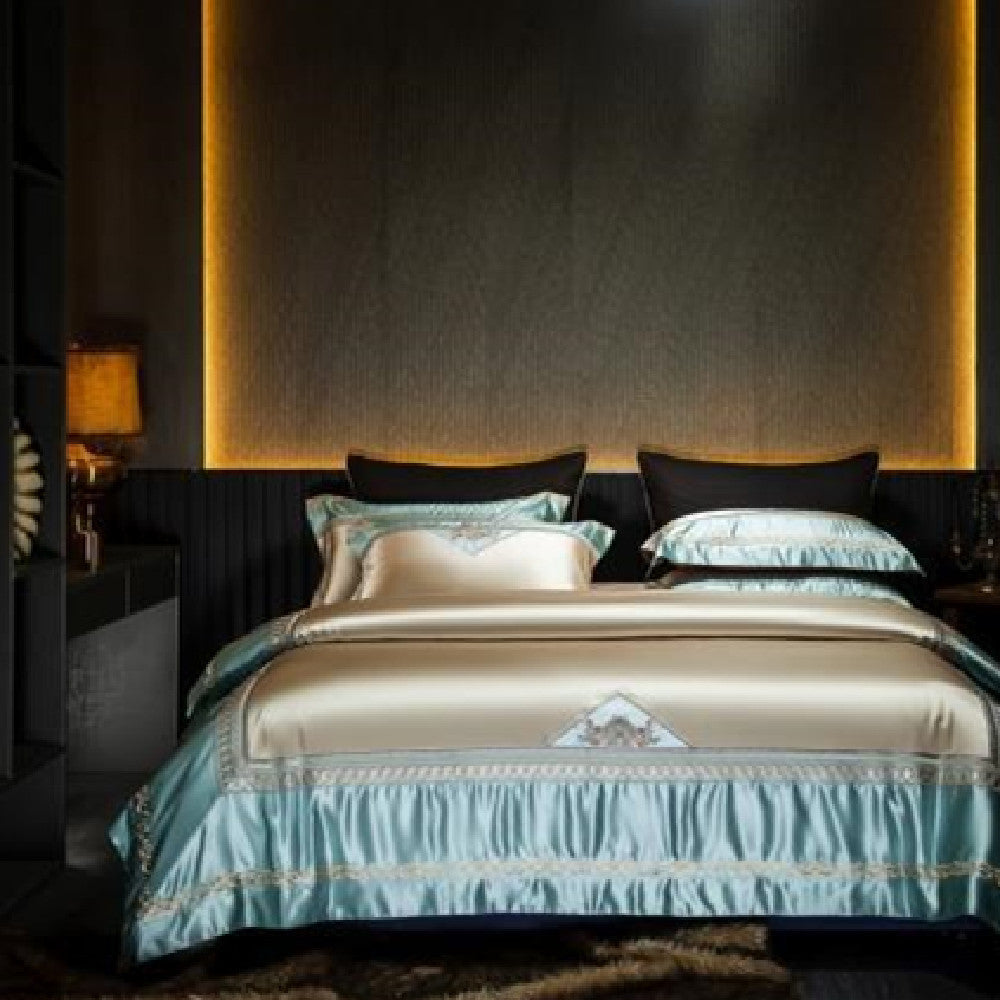 KTX-001107 Silk Cotton Embroidery Four-Piece Bed Set in Solid and Geometric Patterns