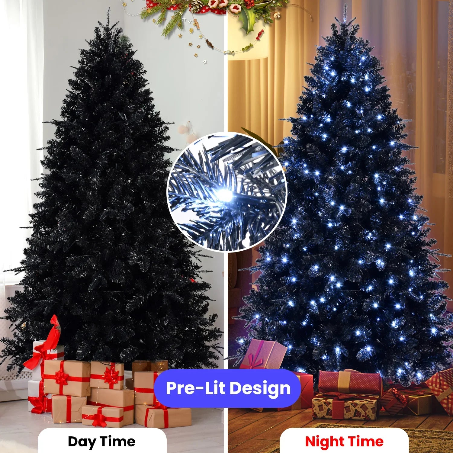 KTX-001555 8ft Blue Christmas Tree with LED Lights and Lamp, Indoor/Outdoor Pine Design