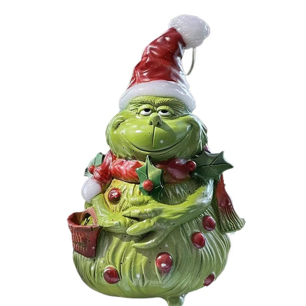 KTX-002195 Christmas Green Fur Snowman Decoration - Charming Resin Home Ornament for Holiday Celebrations