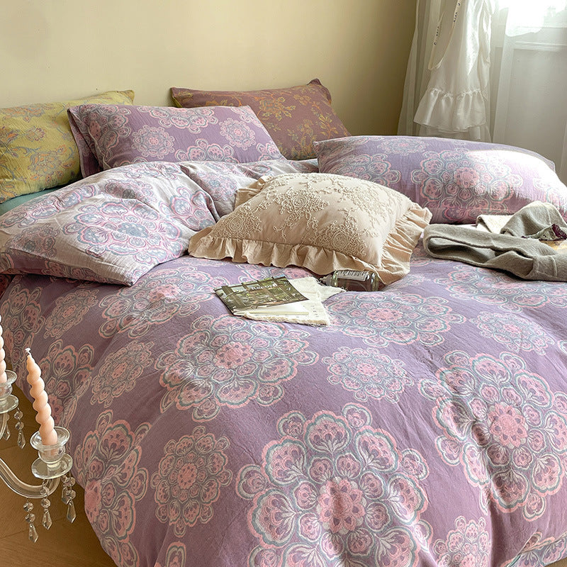 KTX-004051 French Yarn-Dyed Jacquard Cotton Gauze 4-Piece Bedding Set - Floral Design