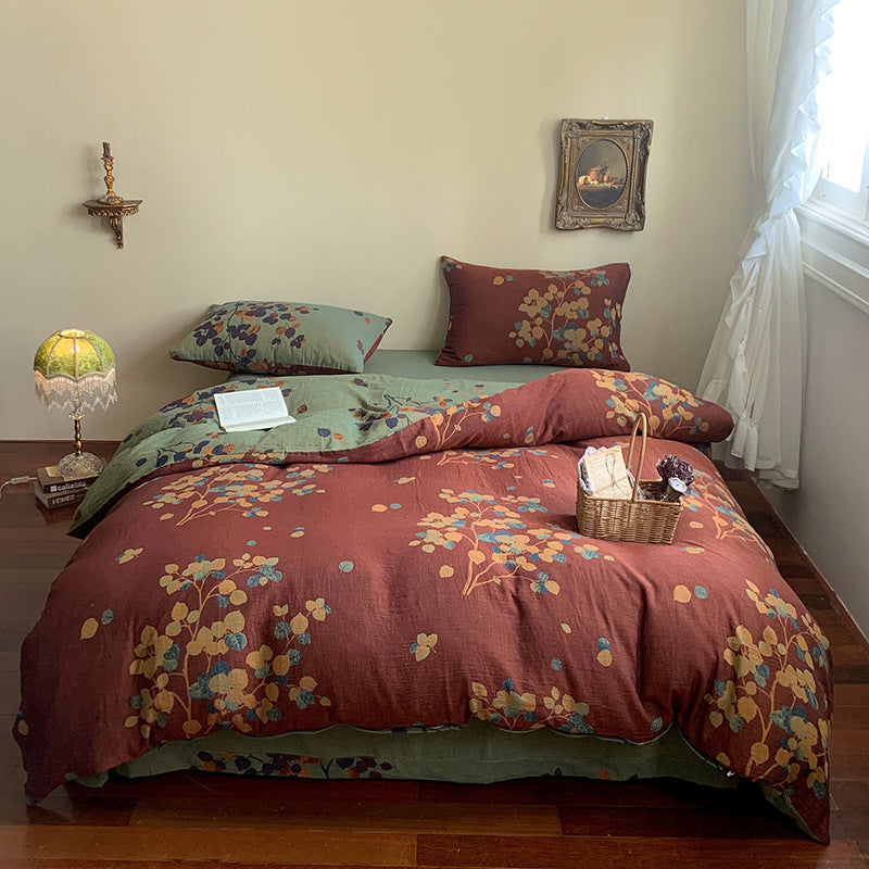 KTX-004051 French Yarn-Dyed Jacquard Cotton Gauze 4-Piece Bedding Set - Floral Design