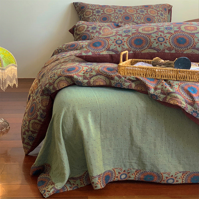 KTX-004051 French Yarn-Dyed Jacquard Cotton Gauze 4-Piece Bedding Set - Floral Design