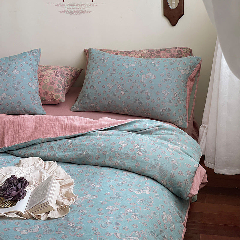 KTX-004051 French Yarn-Dyed Jacquard Cotton Gauze 4-Piece Bedding Set - Floral Design