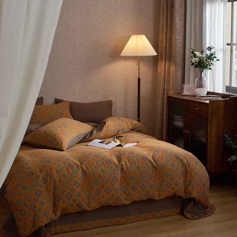 KTX-004051 French Yarn-Dyed Jacquard Cotton Gauze 4-Piece Bedding Set - Floral Design