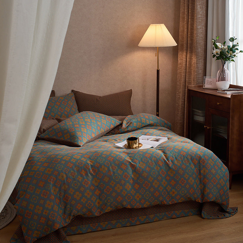 KTX-004051 French Yarn-Dyed Jacquard Cotton Gauze 4-Piece Bedding Set - Floral Design
